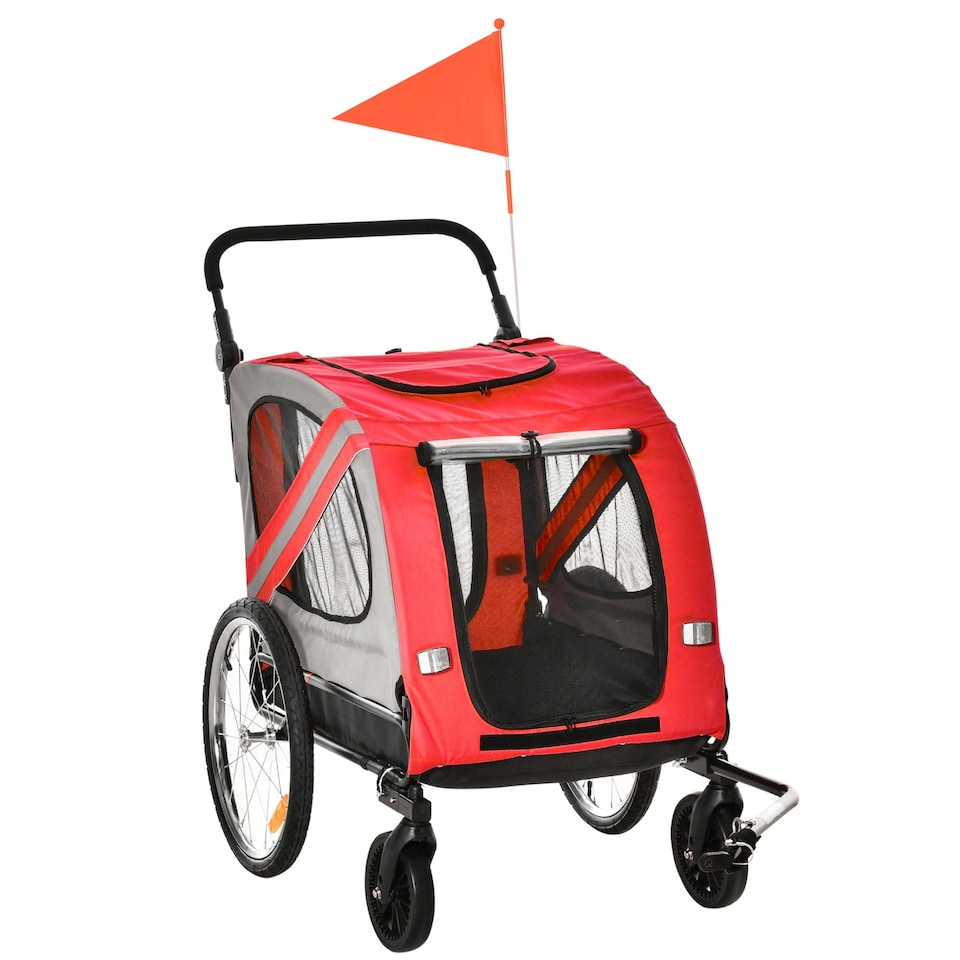 image 1 of PawHut 2-In-1 Dog Bike Trailer Stroller w/ Universal Wheel Reflector Flag Red