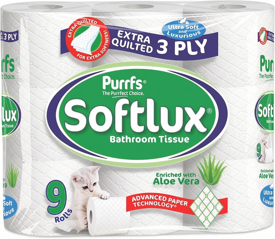 image 1 of Softlux Purrfs 3-Ply, Aloe Vera Scented Quilted & Embossed Toilet Paper, Ultra Soft, Strong & Skin Kind, Premium Bathroom Tissue, 100% Virgin Pulp, Bulk Pack 9 Loo Rolls
