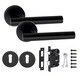 image 1 of Golden Grace Straight T-Bar Design Door Handle Set on Round Rose in Matt Black Finish with 64mm 3 Lever Mortise Lock and Key Hole Black