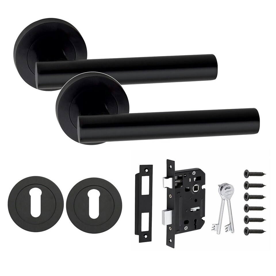 image 1 of Golden Grace Straight T-Bar Design Door Handle Set on Round Rose in Matt Black Finish with 64mm 3 Lever Mortise Lock and Key Hole Black