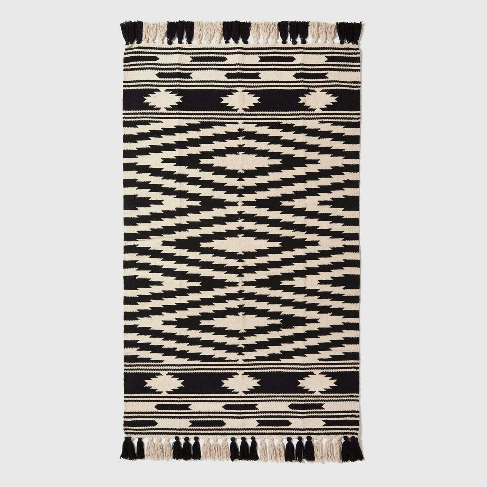 image 1 of Homescapes Dinan Black and White Kilim Cotton Rug - 240 x 300 cm | Black | 240 x 300 cm