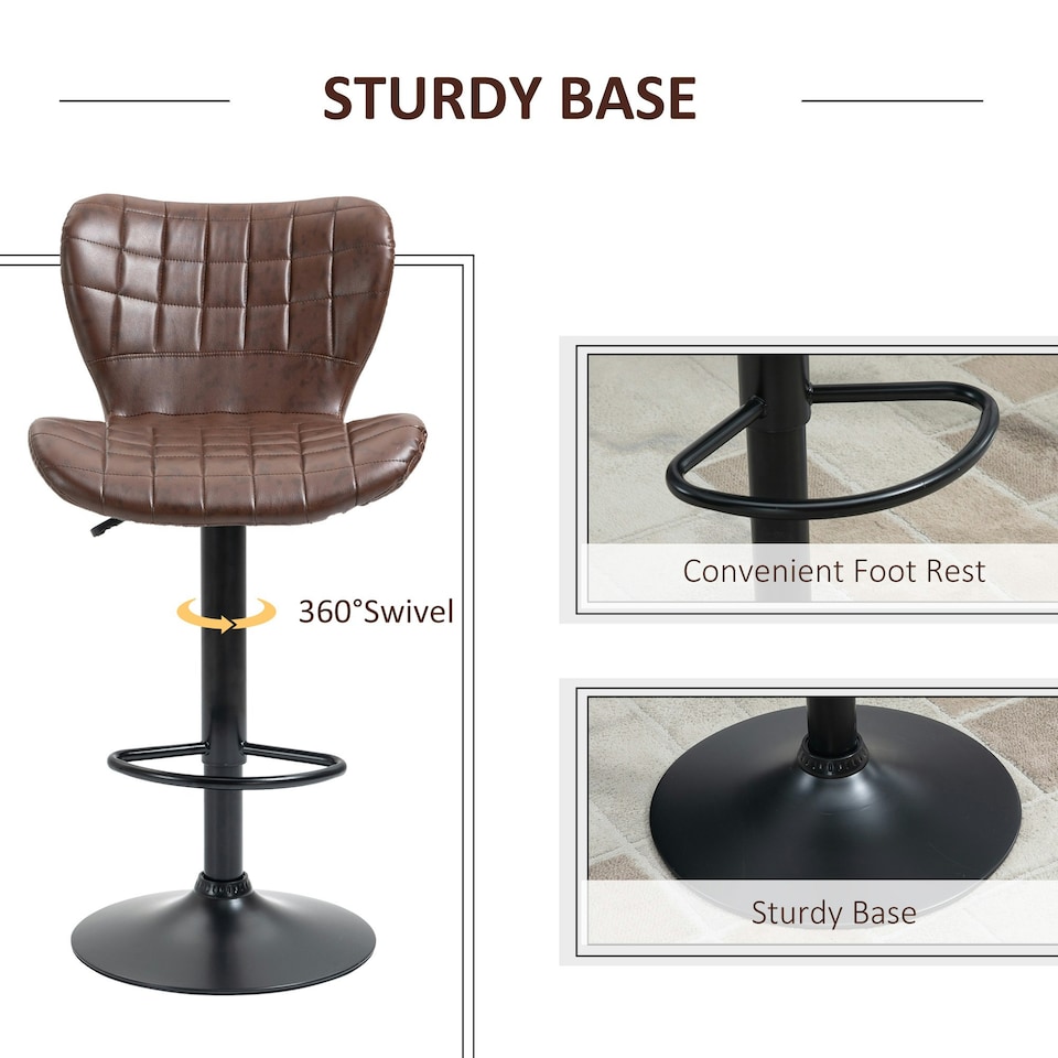 image 1 of HOMCOM Bar Stools Set of 2 Adjustable Height Swivel PU Leather Bar Chairs Brown