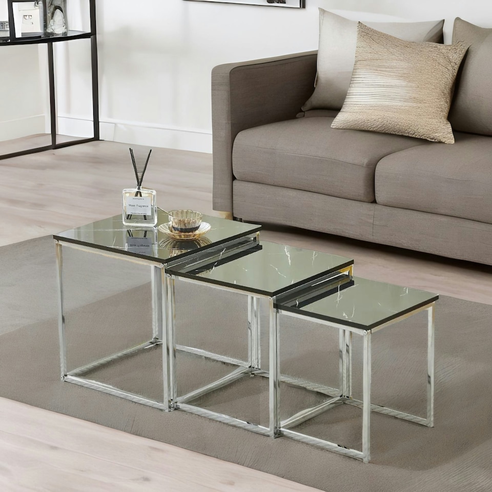 image 1 of Set Of 3 Faux Marble Nesting Tables Black Grey