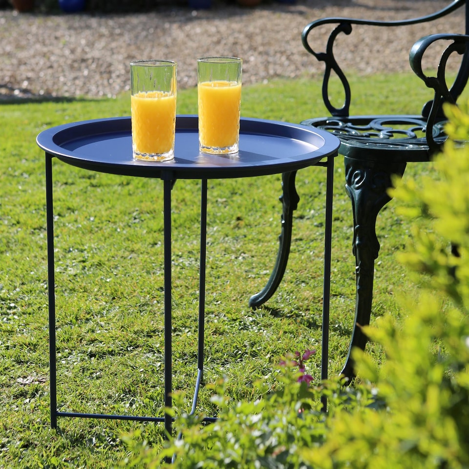 image 1 of Harbour Housewares Round Steel Tray Tables - Matt Navy - Pack of 2 | Blue | Matt Navy