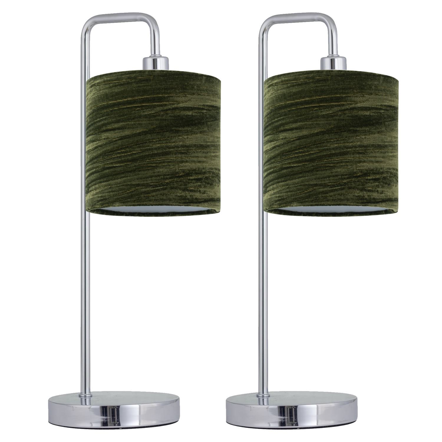 First Choice Lighting Set of 2 Chrome Arched Table Lamps with Green Crushed Velvet Shades in Silver