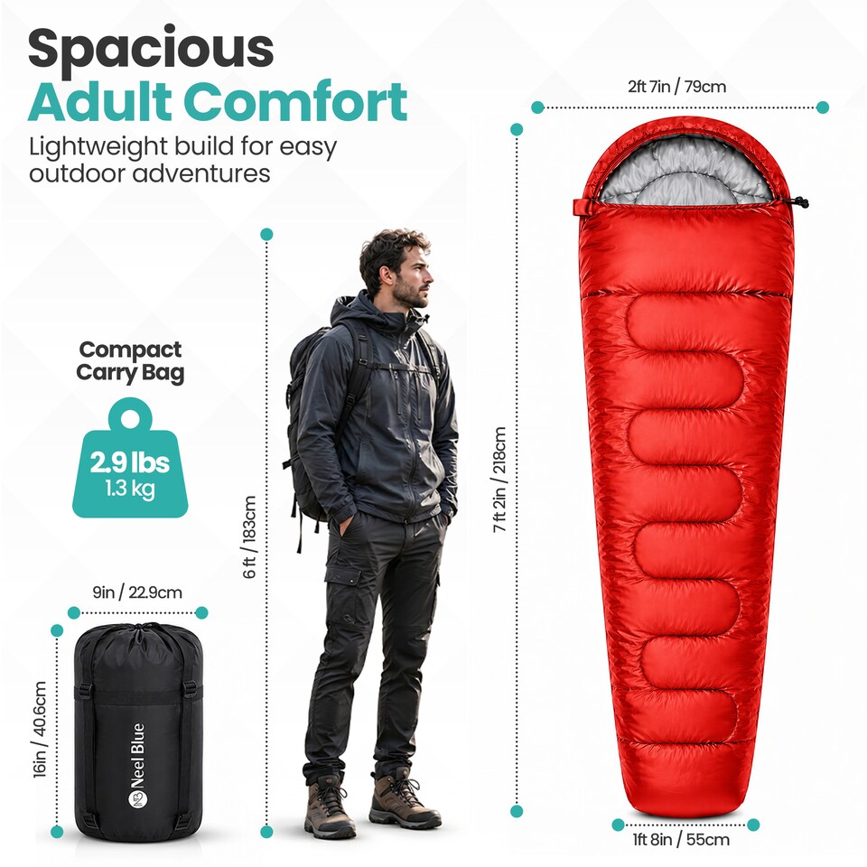 image 1 of 350GSM Mummy Waterproof Sleeping Bag with Hood, 6ft Adults - 3-4 Season