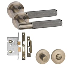 Golden Grace Straight T-Bar Knurled Bathroom Door Handle Set in Antique Brass with Thumbturn and Mortise Lock Bronze