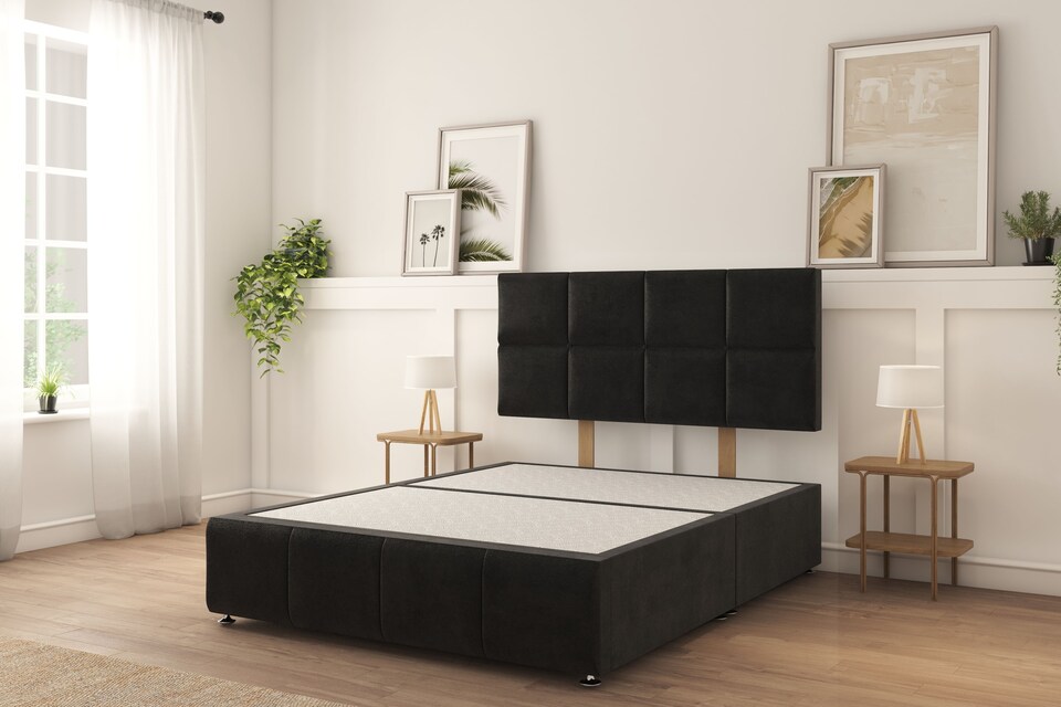 image 1 of Sloomy Sterling Black Plush Divan Bed With Mattress No Drawers 26" Strutted Headboard & 12" Footboard 4'6 Double