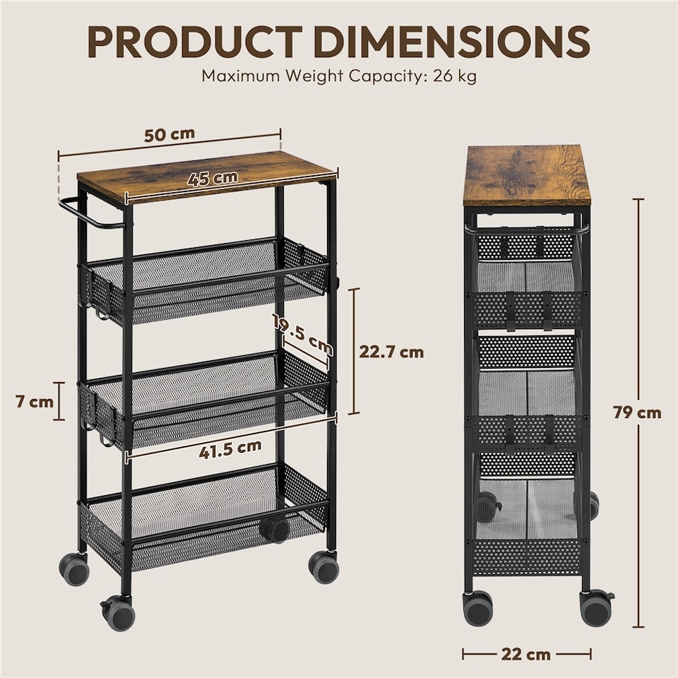 image 1 of Yaheetech 4-Tier Storage Trolley on Wheels with Steel Frame | Brown | Rustic Brown | One Size