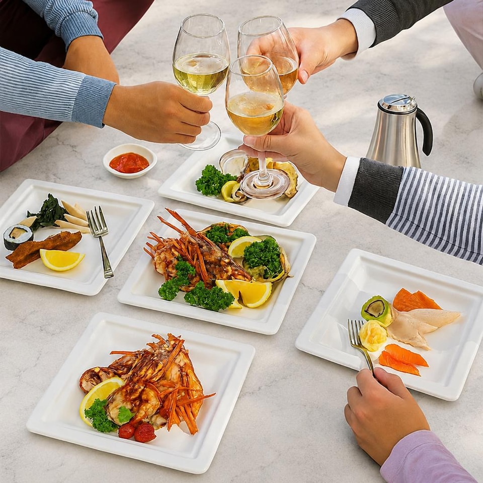 image 1 of ECONX 10 Inch Large Square Disposable Bagasse Plates Biodegradable Strong Paper Plates 25pk
