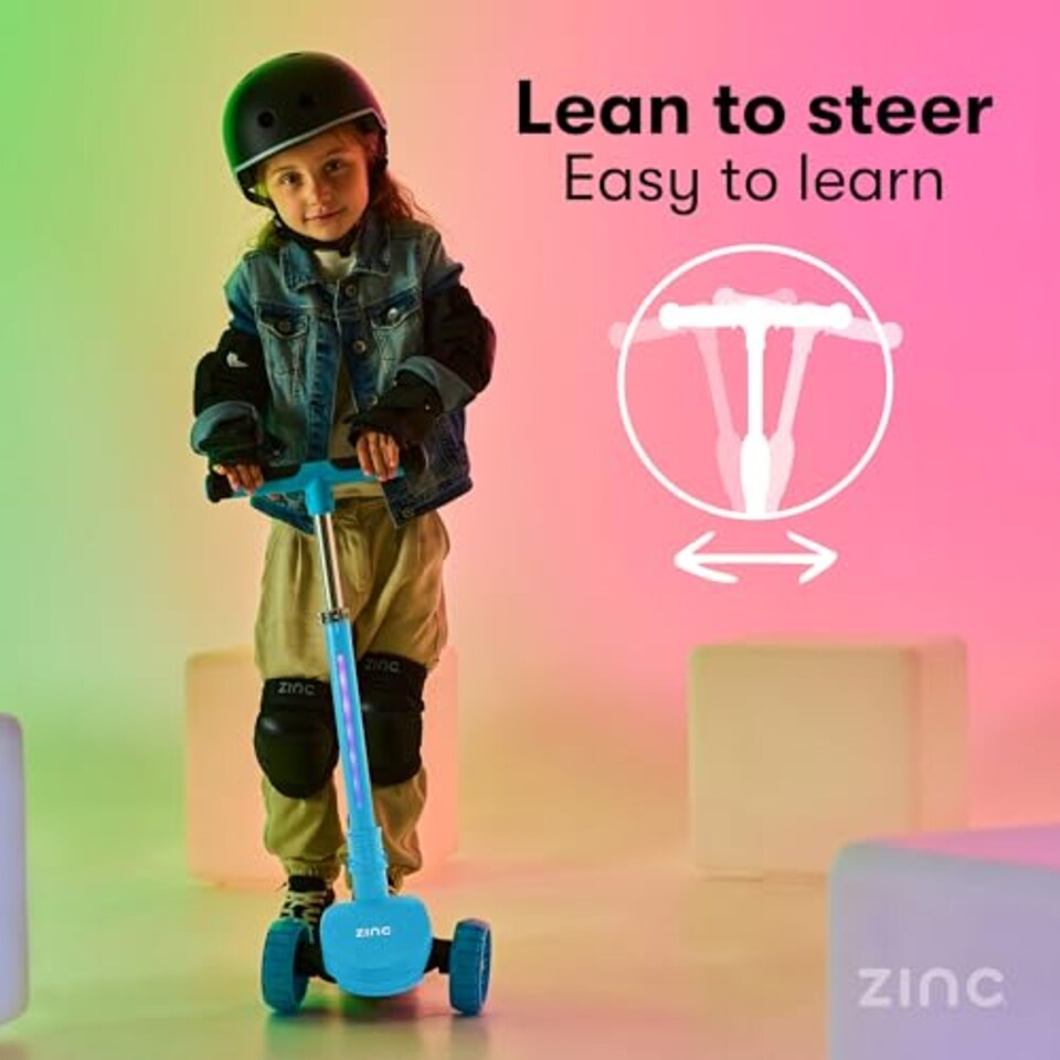 image 1 of Zinc 3 Wheel Folding Led Shine Scooter For Kids, Light Up Stem With 20 Light Functions, Folding, Non-Slip Grips, Adjustable Handlebar, Blue