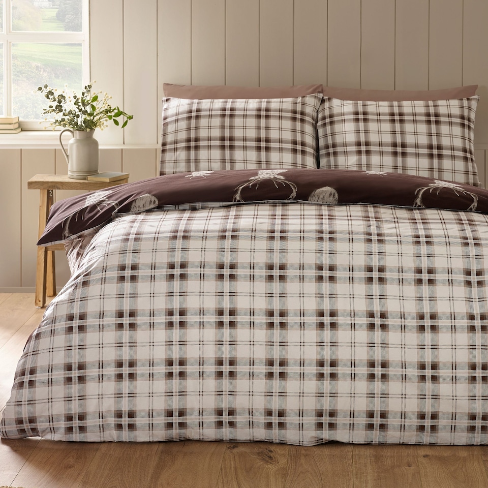 image 1 of Catherine Lansfield Stag Check Reversible Duvet Cover Set