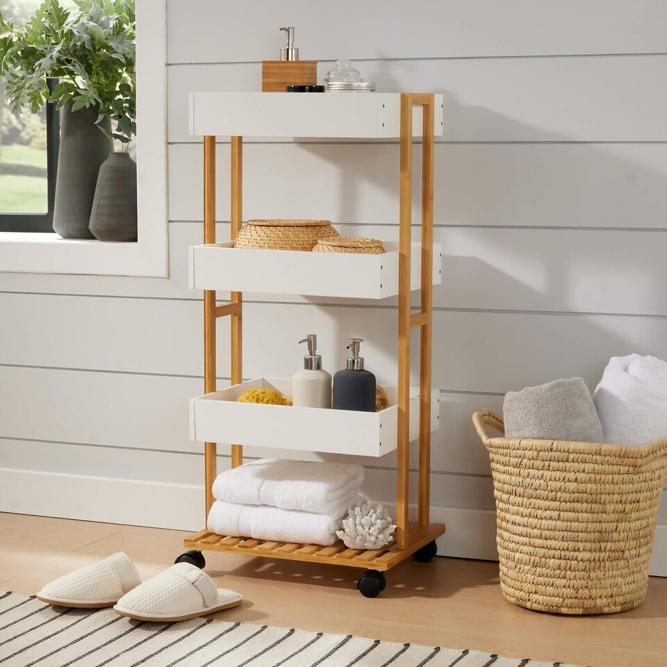 image 1 of Bamboo Storage Trolley White 4 Tier with Wheels Kitchen Bathroom Organiser Unit