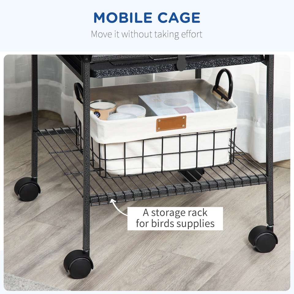 image 1 of PawHut 156cm Bird Cage,Large Parrot Cage with Open Play Top, Perch, Seed Guard, Wheels, Storage Shelf for Budgie, Cockatiel, Conure, Lovebird, Dark Grey