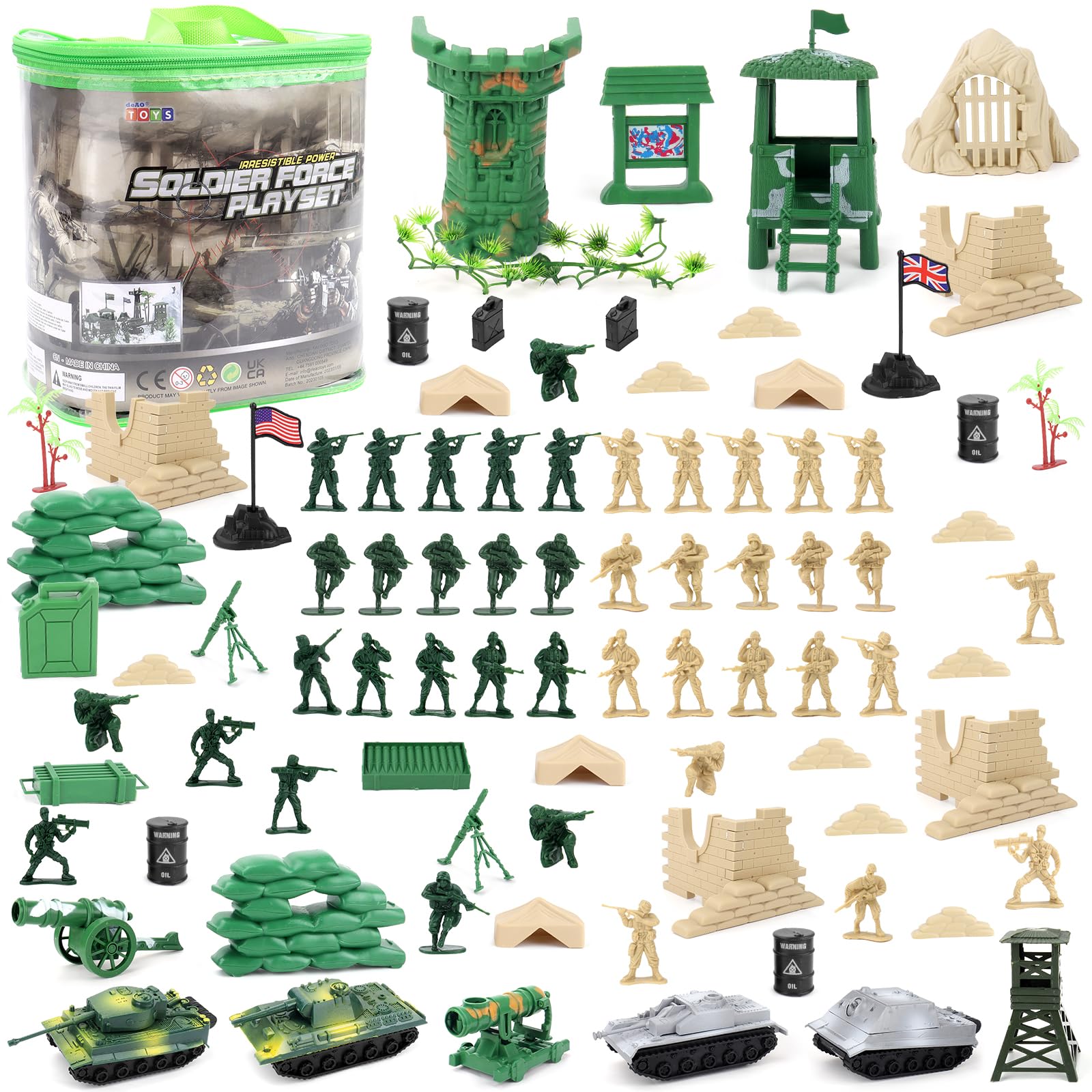 100‑Piece Army Toy Set with Soldier Figures, Airplane, Flag & Accessories – Portable Military Playset for Kids Ages 4–6