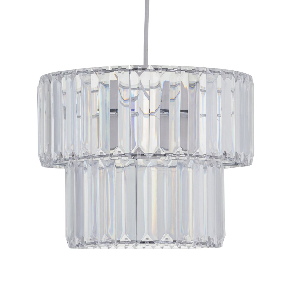 image 1 of Set of 2 Clint - Clear Acrylic Two Tier Easy Fit Pendant Shades | Clear | Clear acrylic with polished chrome plate detail | 2