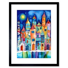 Midnight Full Moon Colourful Town Folk Art 9x7" Black Framed Wall Art Print