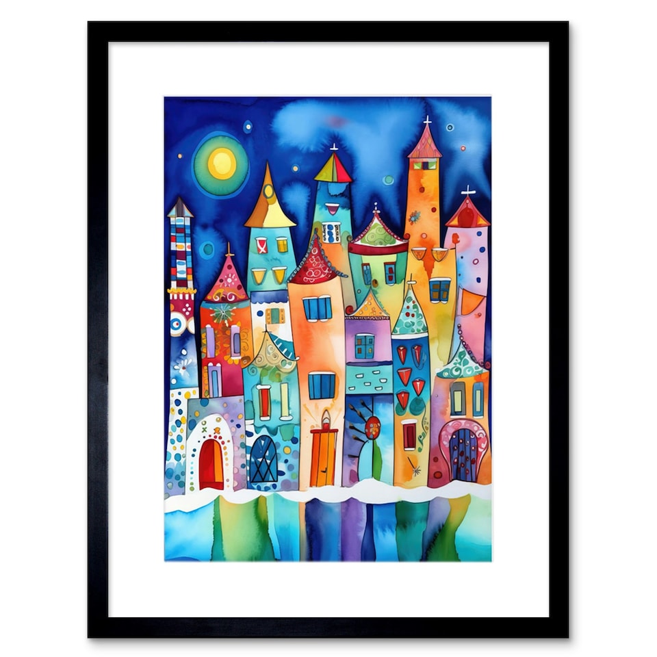 image 1 of Midnight Full Moon Colourful Town Folk Art 9x7" Black Framed Wall Art Print