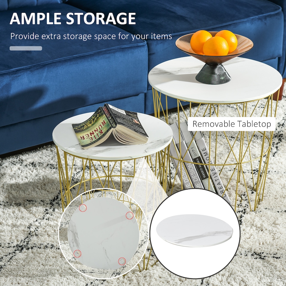image 1 of HOMCOM Set of 2 Nesting Side Tables with Storage, Round End Tables Coffee Tables with Steel Frame and Removable Round Top, for Living Room, bedroom, office, White | White