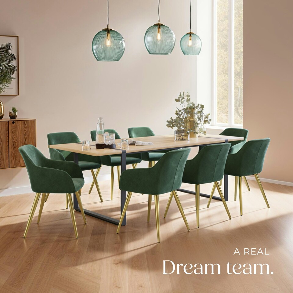 image 1 of Chair Marilyn - with armrests, padded, velvet look, golden steel legs - Set of 2 Green | Dark Green/Gold