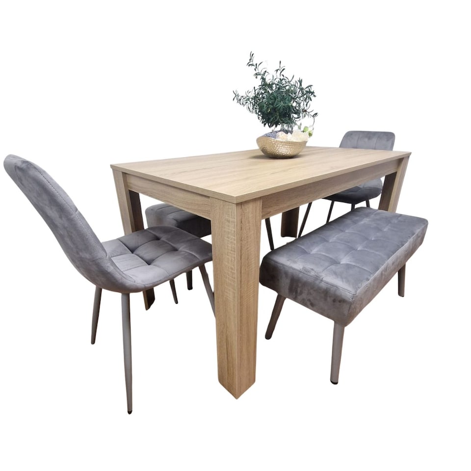 image 1 of Oak Effect Dining Table with 2 Grey Velvet Chairs and 2 Benches  Dining Set