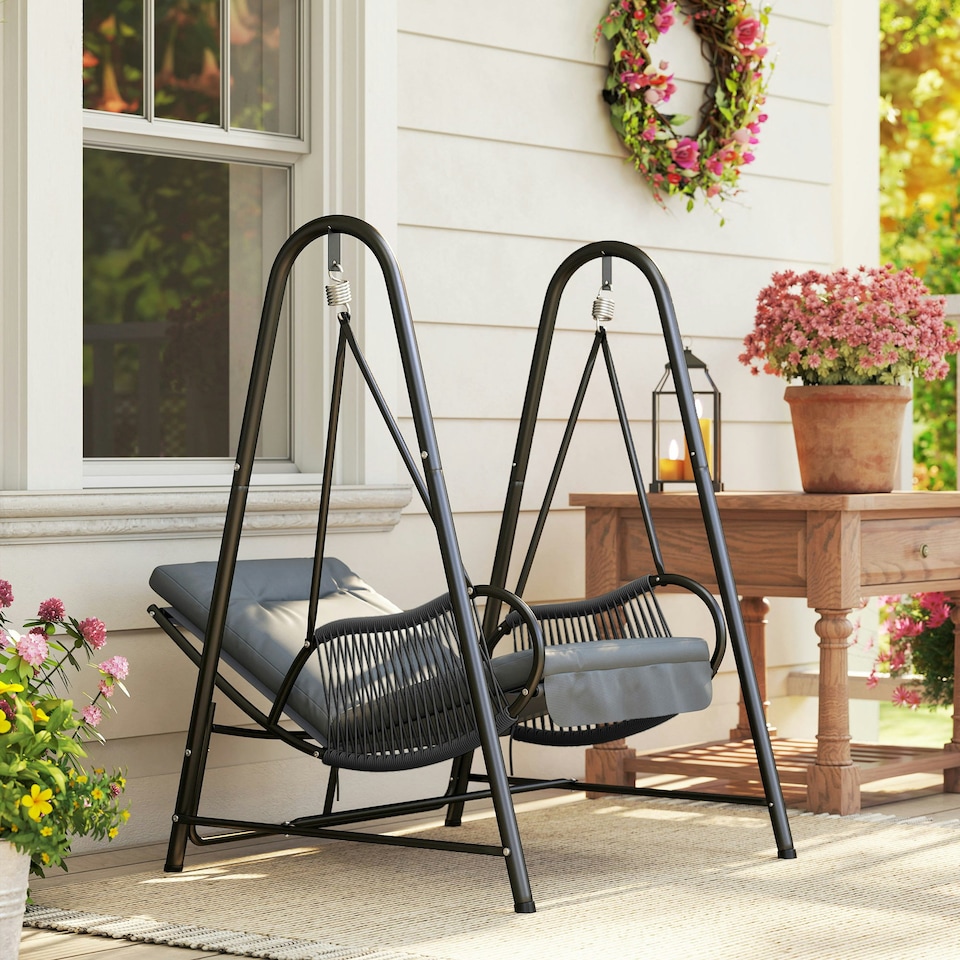 image 1 of Outsunny Rattan Swing Chair with Stand and Seat Cushion Grey | Light Grey