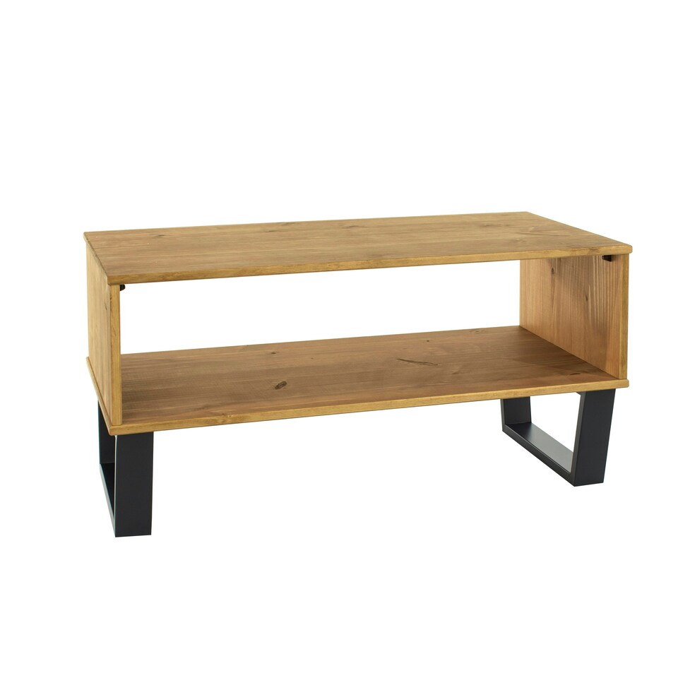 image 1 of Texas Open Coffee Table With Undershelf - Solid Wood Top and Black Metal Underframe | Brown | Antique Wax Pine | One Size | 1