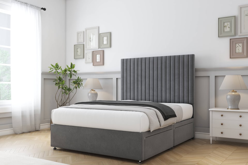 image 1 of Sloomy Manhattan Armour Coniston Divan Bed With Mattress 2 Drawers Same Side With 26" Strutted Headboard 4'6 Double | Grey | Armour | Double | 1