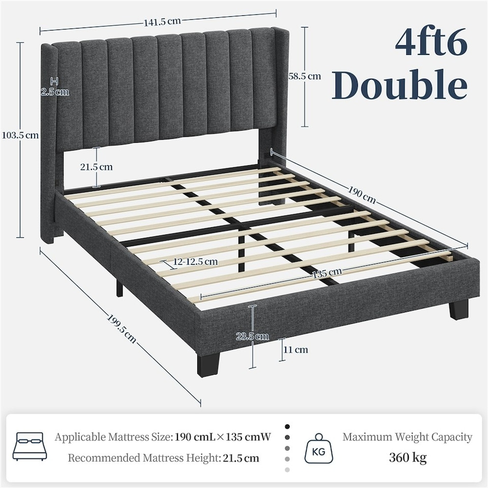 image 1 of Yaheetech 135 cm W x 190 cm L Upholstered Bed Frame with Wing Side Dark Grey