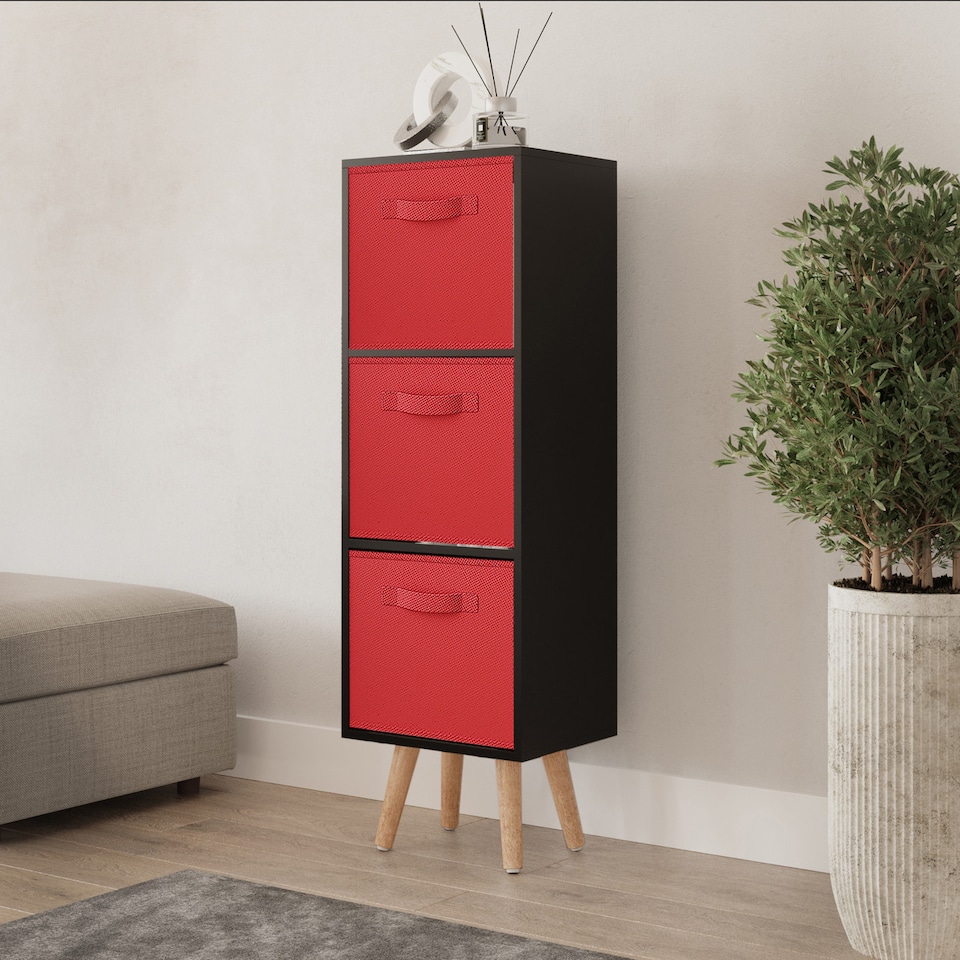 image 1 of Black 3-Tier 3-Drawer Cube Shelving Unit with Scandinavian Legs | Red | Red & Beech | 1