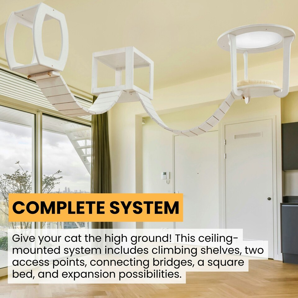 image 1 of NOVECRAFTO Modular Ceiling Cat Furniture – Wooden Hanging Cat Tower with Shelves, Bridge & Sleeper – Space-Saving Climbing System for Indoor Cats White