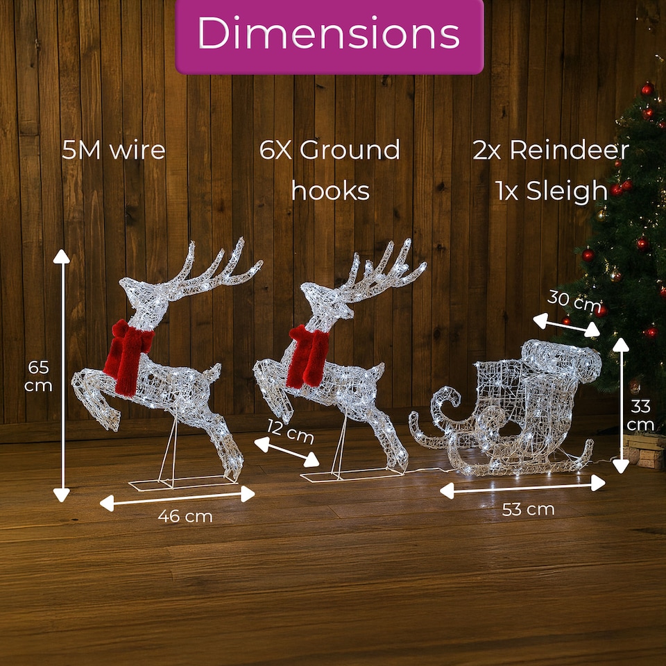 image 1 of Neo 240 LED Christmas Sleigh Reindeer Outdoor Decoration Warm Bright White Mixed Light Effects Timer 65cm Reindeers Weatherproof Frame 6 Ground Hooks Included