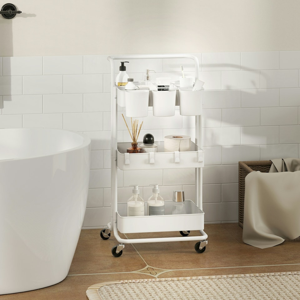 image 1 of HOMCOM 3-Tier Utility Cart, Rolling Serving Trolley with Baskets, White