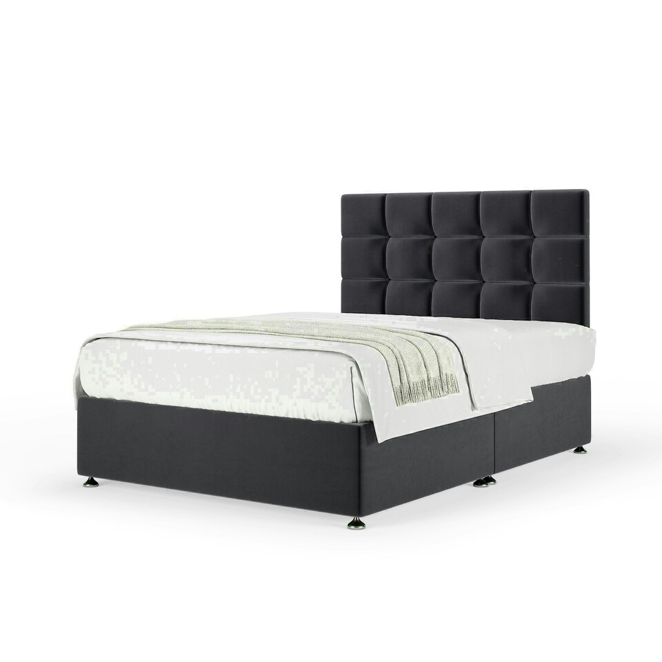 Graphite Plush Velvet No Drawer Divan Base and Pearl Headboard Small Double