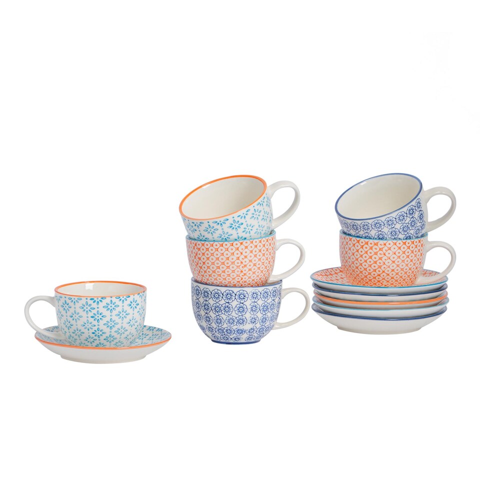 image 1 of Nicola Spring 12 Piece Hand-Printed Cappuccino Cup & Saucer Set - 250ml - Blue