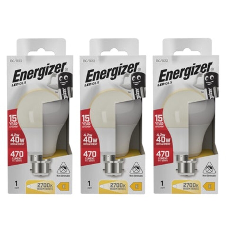 image 1 of Energizer LED GLS B22 470lm 4.2W 2700K (Warm White) Light Bulb - Pack of 3