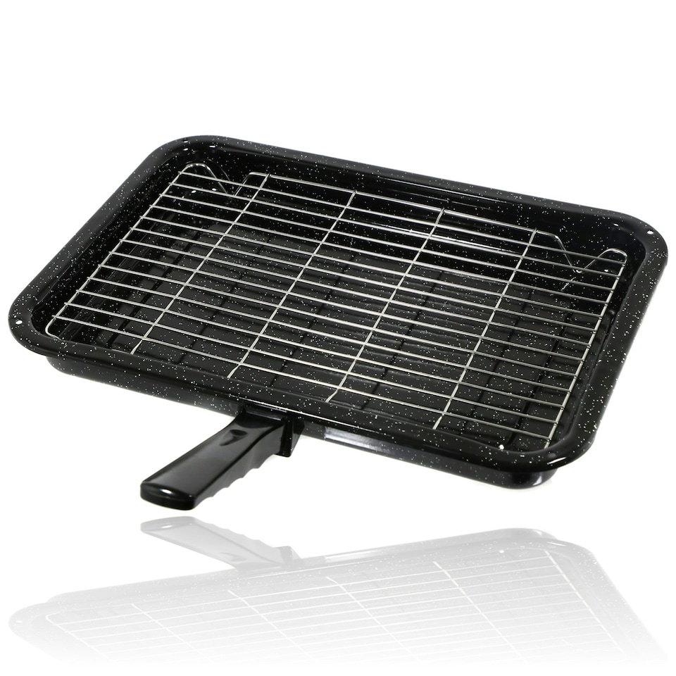 image 1 of SPARES2GO Small Grill Pan, Rack & Detachable Handle for Lamona Oven Cookers (Non-Stick Vitreous Enamelled)