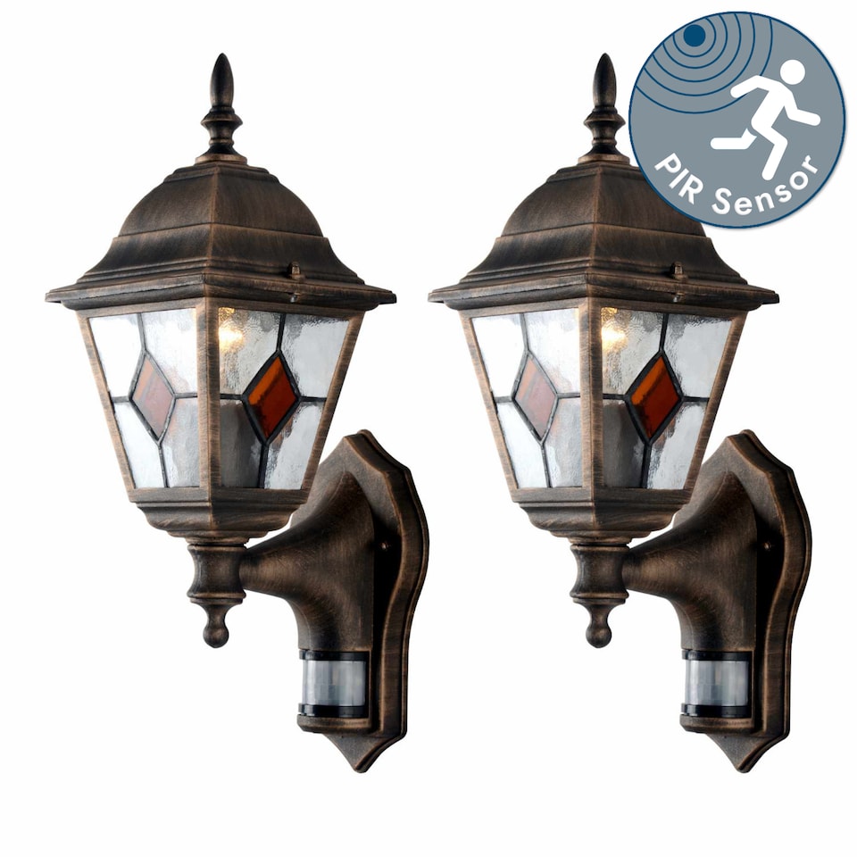 image 1 of Set of 2 Morecambe - Black Brushed Gold PIR Sensor Outdoor Wall Lights | Black | Black & hand brushed gold and clear glass with amber glass detail | Small | 2