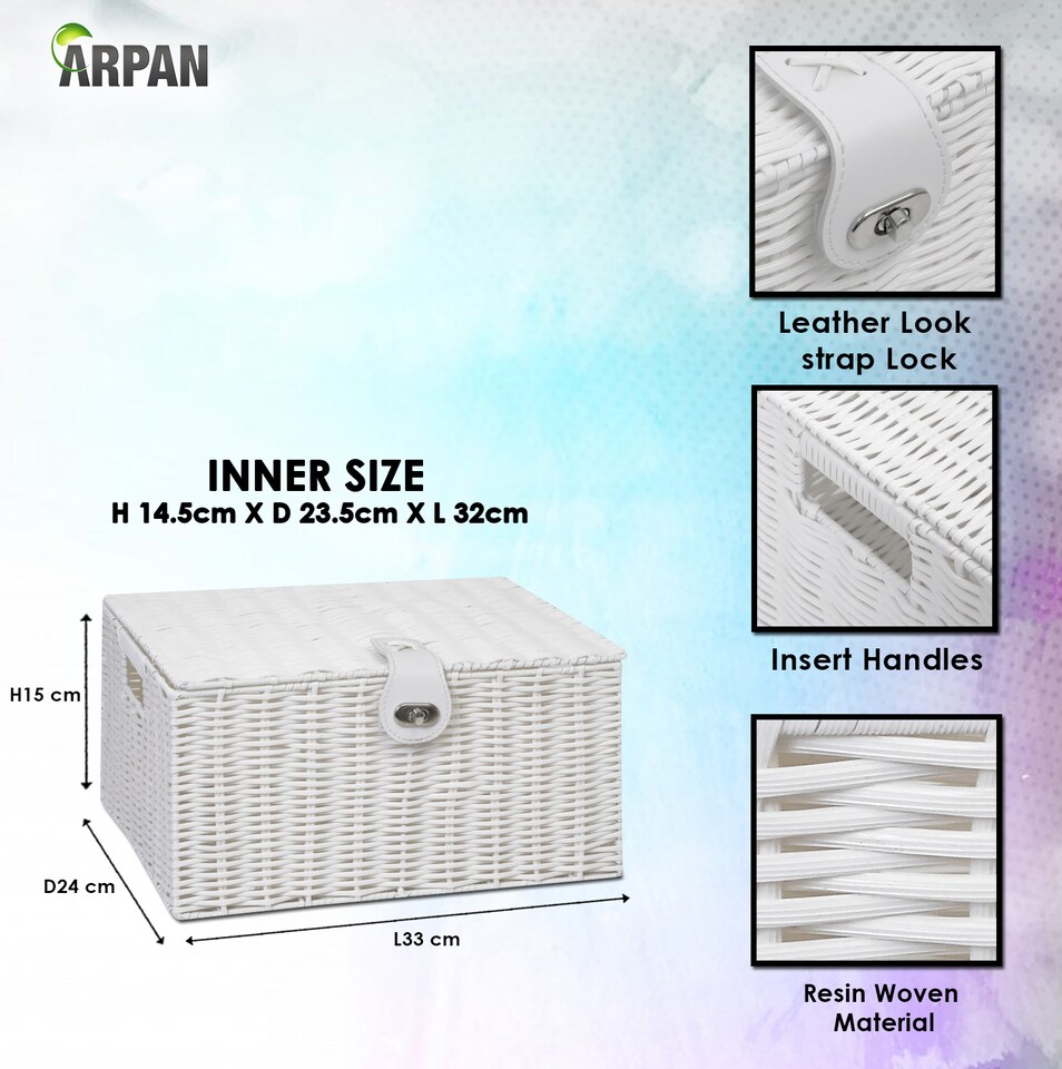 image 1 of Resin Woven Storage Basket with Lid & Strap Lock – White Hand Woven Storage Box on Metal Frame with Handles – Multipurpose Storage Basket for Bedroom, Bathroom, Nursery & Utility Room