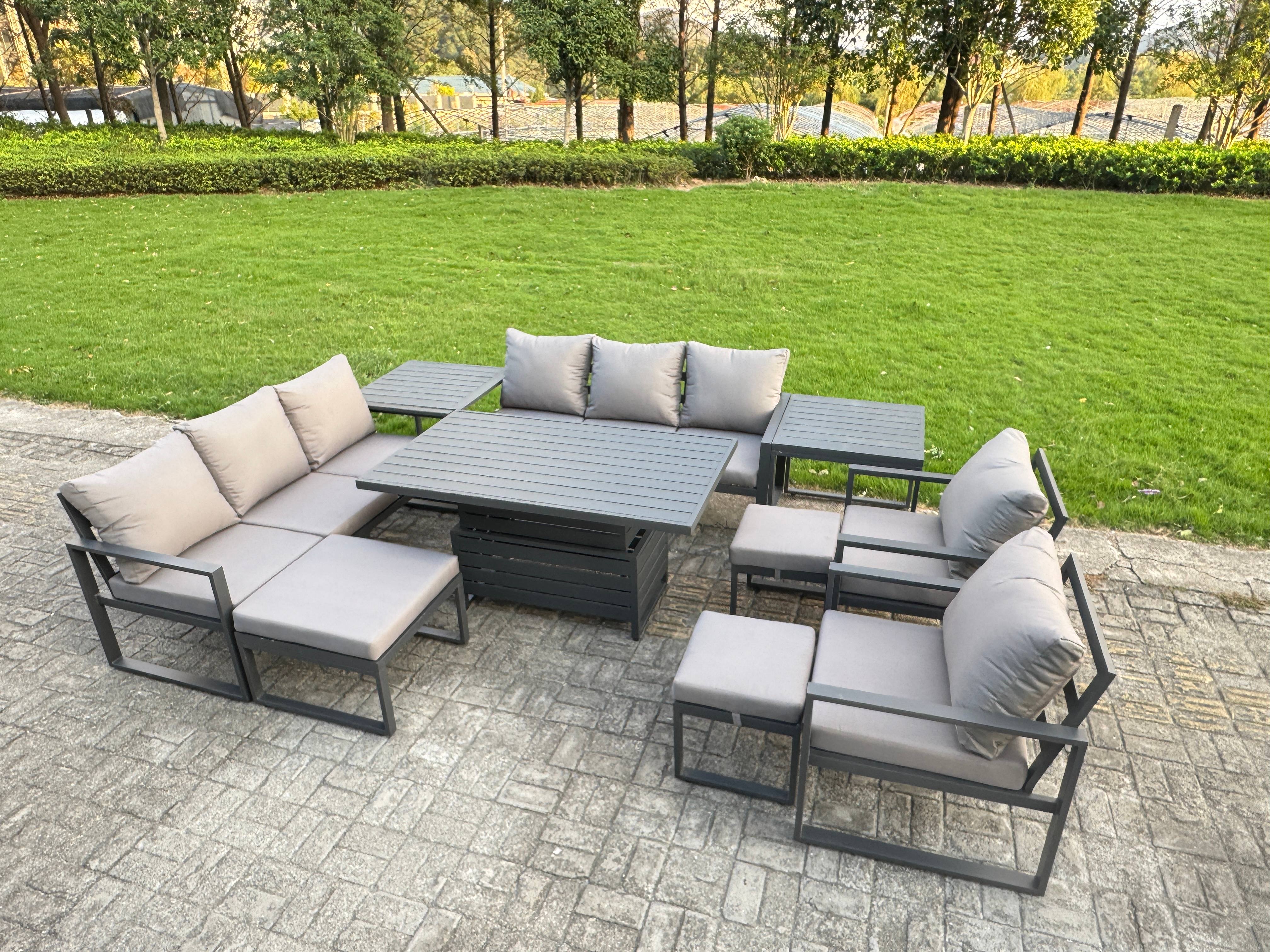 Fimous 10 Piece Garden Furniture Set 11-Seater Aluminium Outdoor Dining Set with Adjustable Rising Lifting Dining Table & Cushions 2 Side Tables 3 Foo
