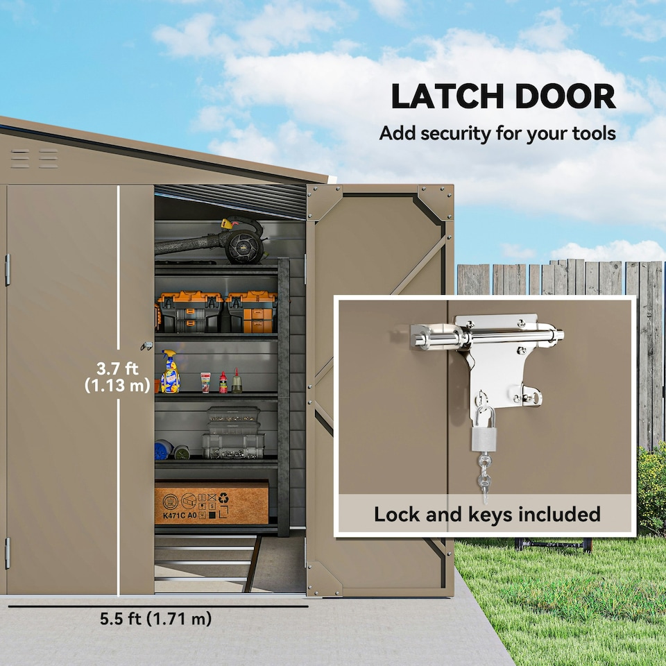 image 1 of Outsunny 5 x 9ft Galvanised Metal Garden Shed with Foundation Kit | Brown