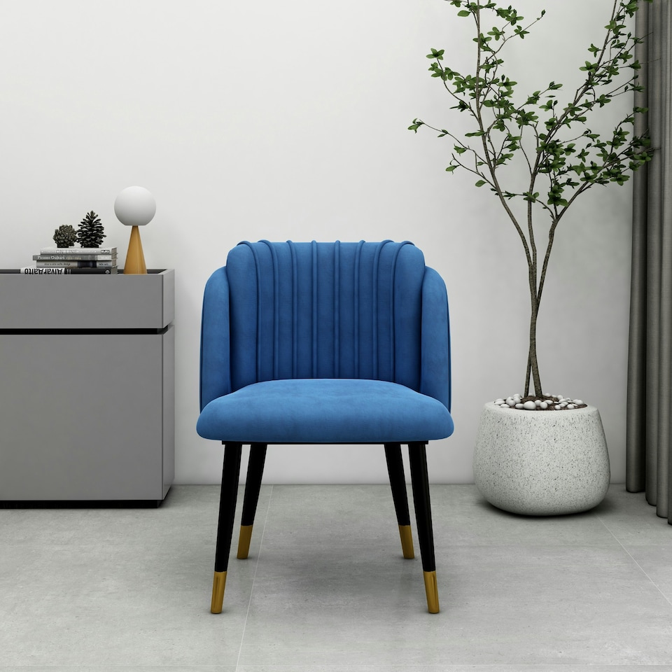 image 1 of Set of 2 Milano Velvet Dining Chairs with Stylish Ribbed Back Design, Black Metal Legs with Silver Tips | Blue | Gold End Tips