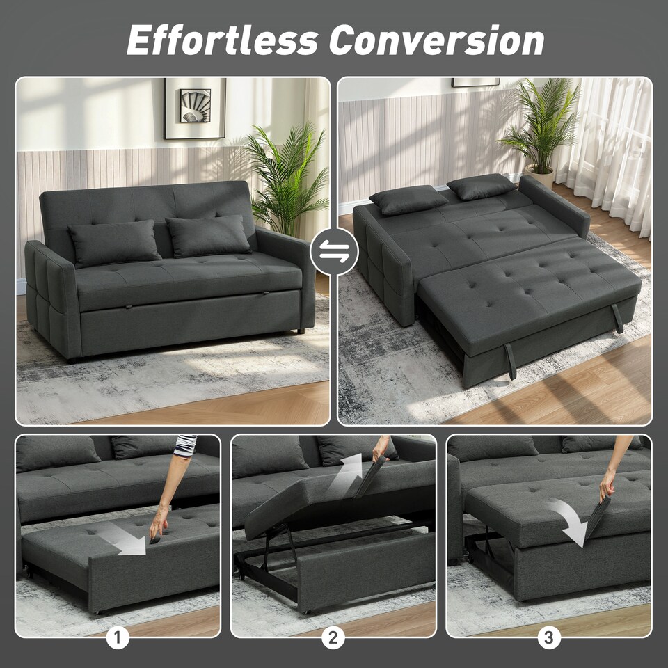 image 1 of HOMCOM 2 Seater Sofa Bed, Convertible Pull Out Bed Settee, Charcoal Grey