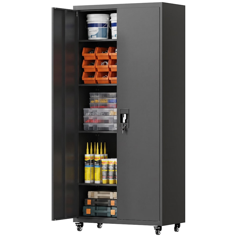 image 1 of HOMCOM Metal Storage Cabinet with Removable Wheels and Adjustable Shelves