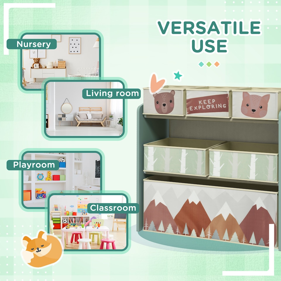 image 1 of ZONEKIZ Kids Storage Unit, Childrens Toy Storage Organiser, with 6 Fabric Bins | Green | 63 x 30 x 66 cm