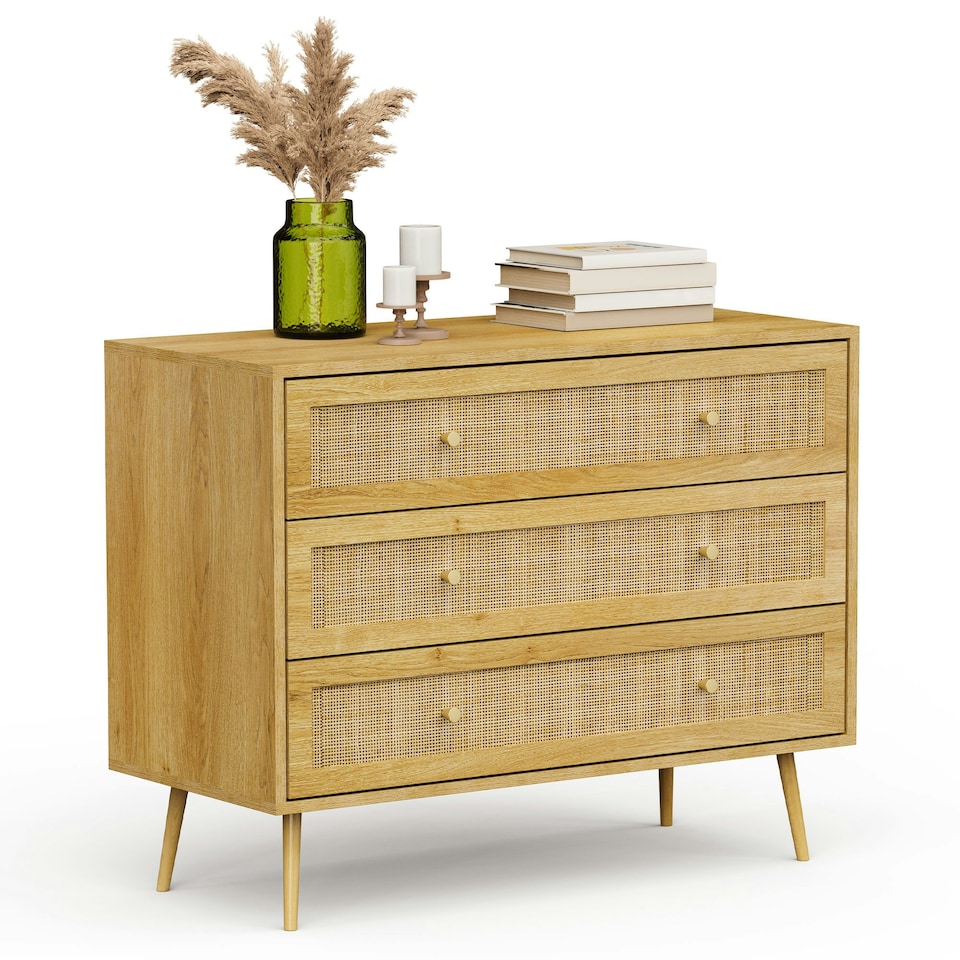 image 1 of VonHaus Rattan Chest of 3 Drawers Brown