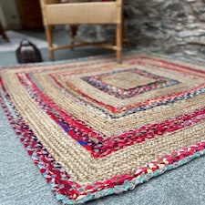 FIESTA Square Rug and Multi Colour Recycled Fabric - Jute - L150 x W150 - Multicolour Multi