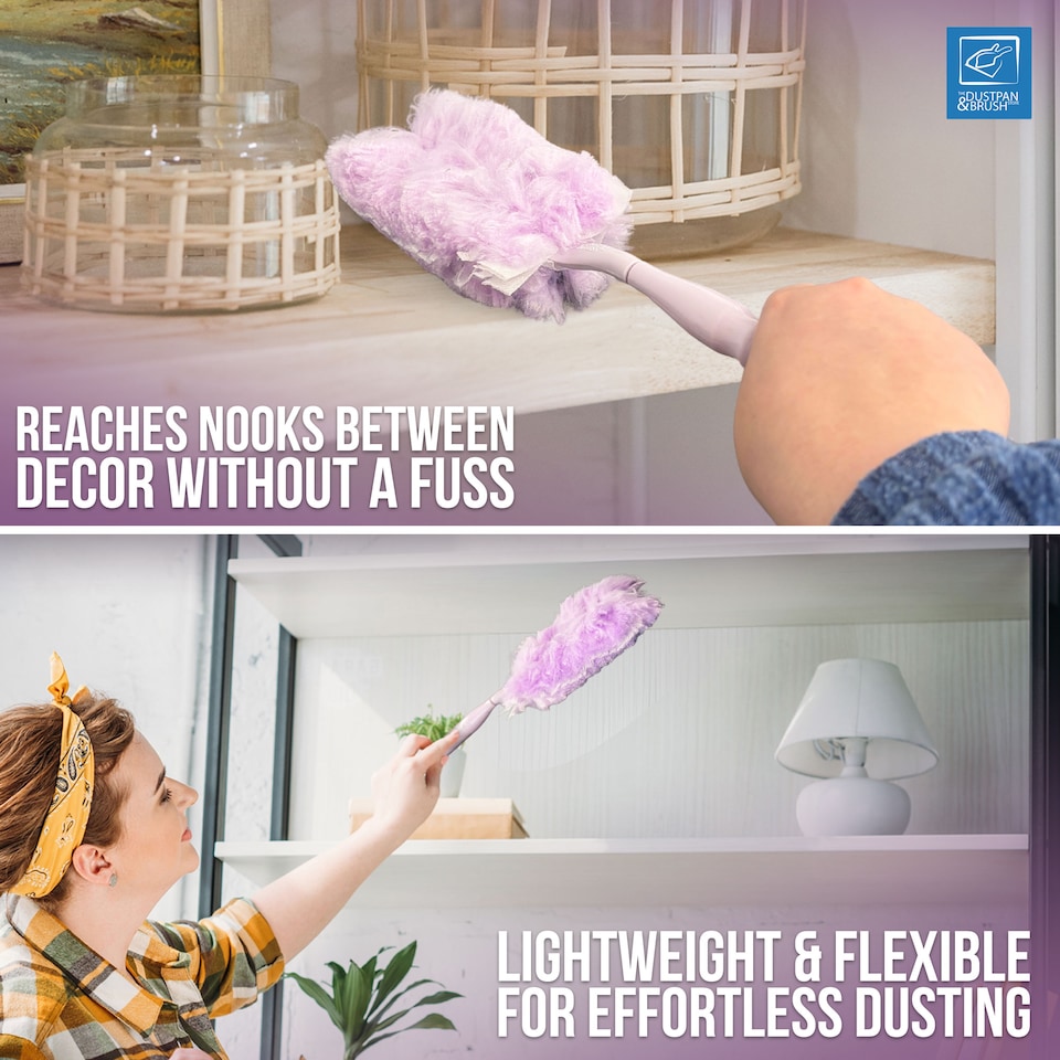 image 1 of Purple Feather Duster with 10 Pack Microfibre Refill Heads, Reusable Handle with Hanging Eye