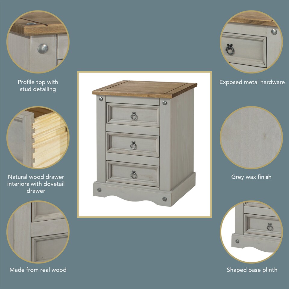 image 1 of Corona 3 Drawer Premium Bedside Table - Solid Pine Nightstand with Metal Hardware | Grey | Grey Wax | One Size | 1