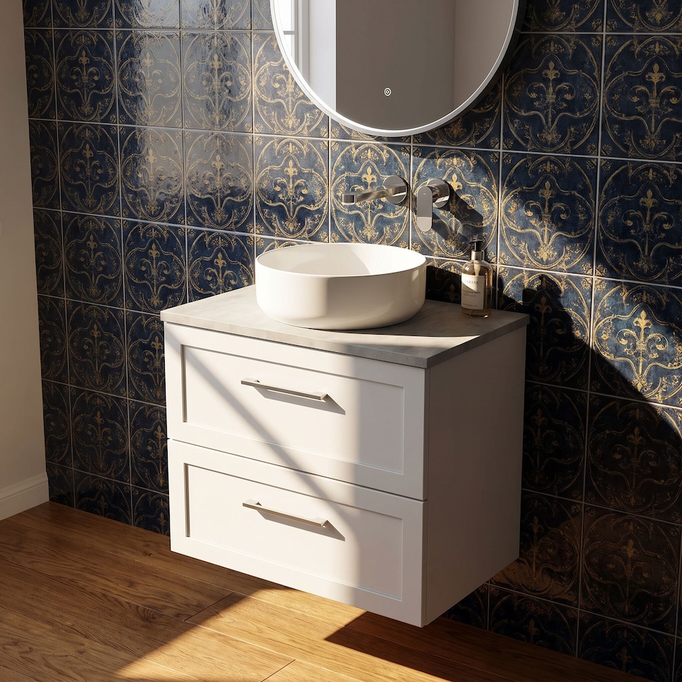 image 1 of Balterley Stonnall Traditional Wall Hung 2 Drawers Vanity Unit with Bellato Grey Laminate Worktop, 600mm, Matt White